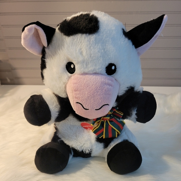 Plush Cow Toy with Bow - Black and White - Picture 1 of 9